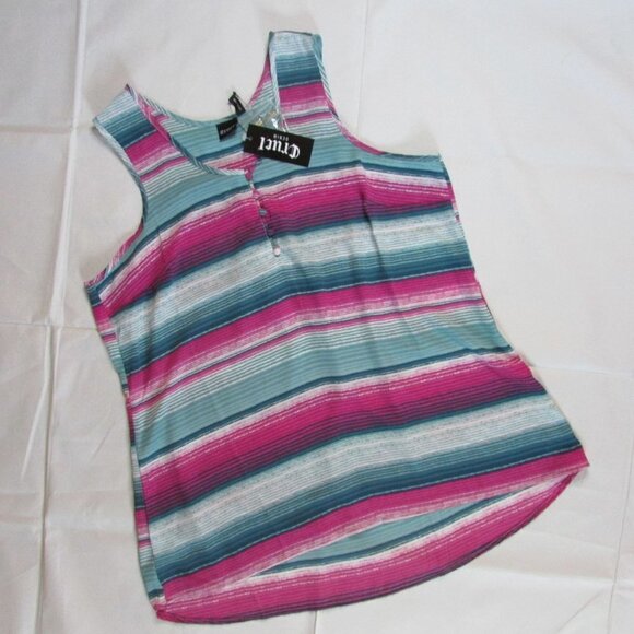 Cruel Denim Women's Henley Hi Low Striped Pleated Yoke Tank Top - Picture 1 of 3
